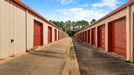 Row of drive up storage units at Copper Safe Storage in Hattiesburg.