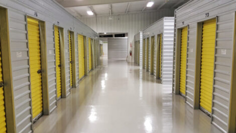 Row of indoor storage units at Secure Climate Storage Center in Spartanburg.