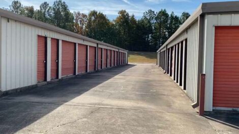 Row of drive up storage units at Boulevard Storage Center in Texarkana.