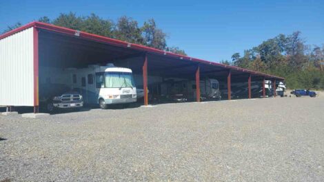 Recreational vehicle covered storage parking spots at Blue Ridge Storage Solutions in Blue Ridge.