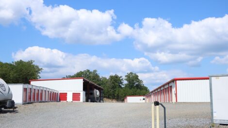 Exterior view of outdoor storage units and sky at Blue Ridge Storage Solutions.