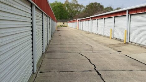 A row of drive up storage units in Baton Rouge, LA.