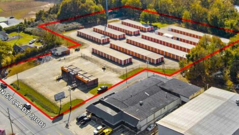 Aerial view of storage facility showing storage units in two columns in Forest City, NC.
