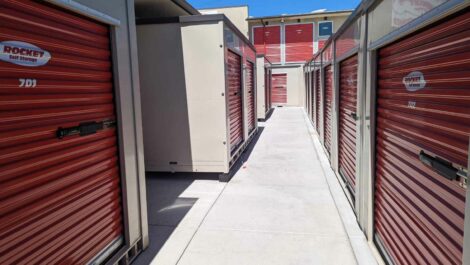 Row of walk up storage units at Rocket Self Storage in San Diego.