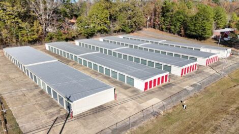 Aerial view of storage units at Raymond Clinton Mini Storage in Raymond, Mississippi.