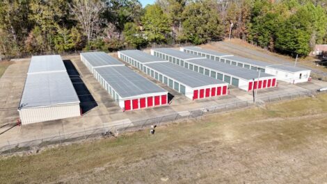 Aerial view of storage units at Raymond Clinton Mini Storage in Raymond, Mississippi.