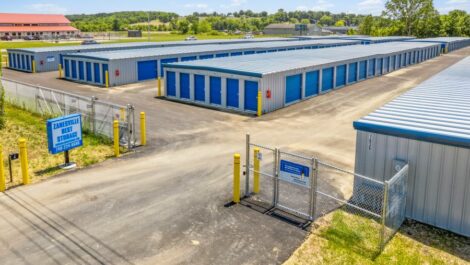 Aerial view of gated entrance at Zanesville Best Storage in Zanesville, OH.