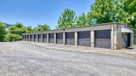 A row of drive up storage units in Waynesville, NC.