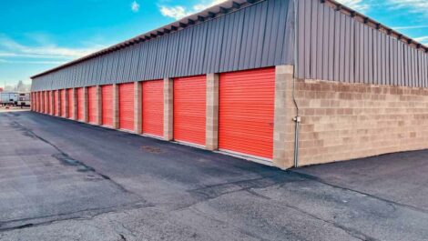 Closed outdoor self storage units.