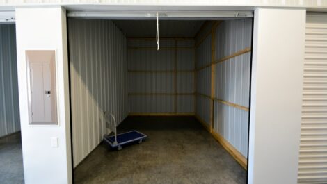 Interior of climate-controlled storage units and moving cart at Premier Storage of Granville.