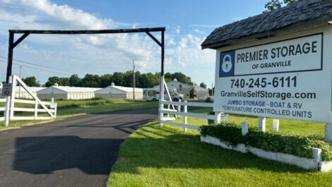 Exterior of Premier Storage Granville storage facility sign and entrance.