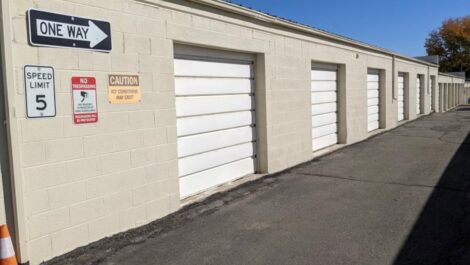 A row of drive up storage units in Loveland, CO.