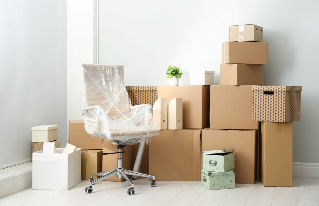 Chair wrapped with other items packed for storage