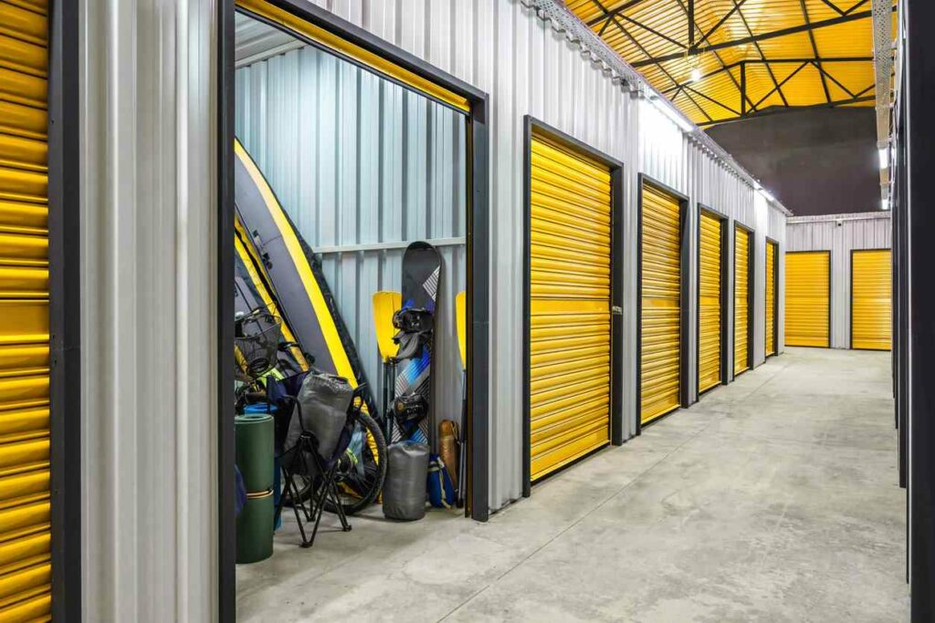 A storage unit filled with outdoor sports equipment