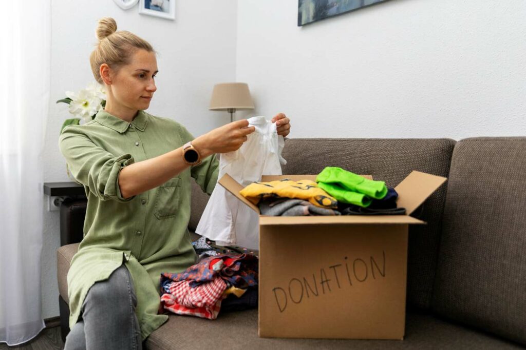 A woman packing clothes into a donations box