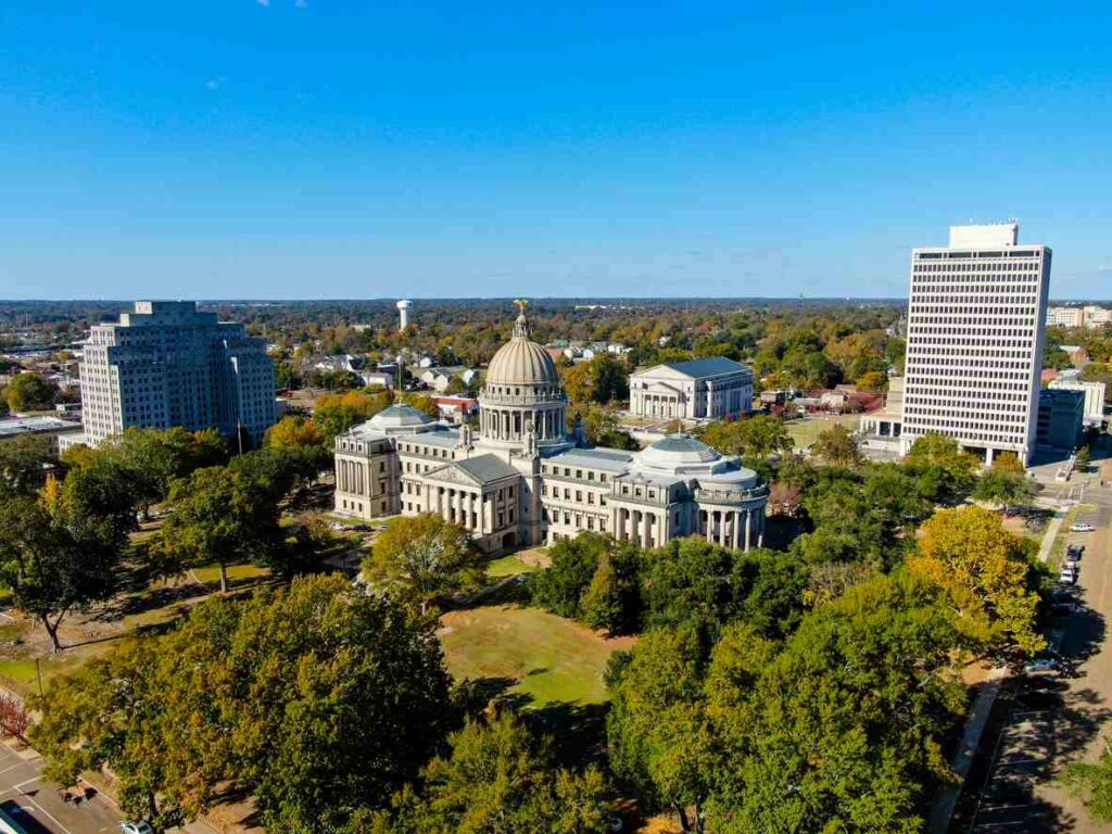 Jackson, MS cityscape and capitol building.