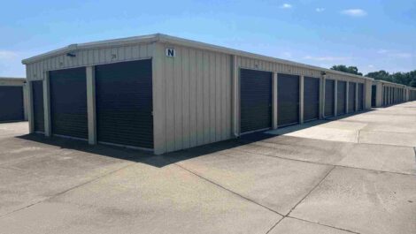 Exterior view of storage units at Madisonville Self Storage facility.