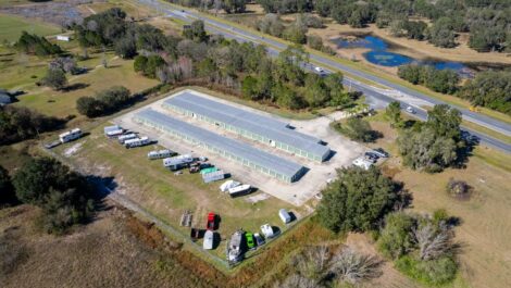 Aerial view of storage units with outdoor parking for boats and RV's.