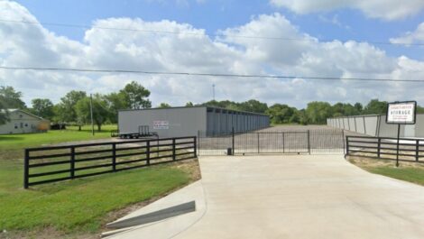 Gated entrance at Rethink Self Storage in Hamshire, Texas.