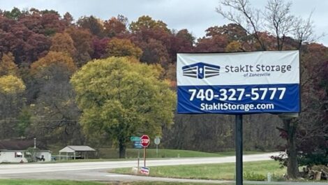 Sign at StakIt Storage of Zanesville in White Cottage, Ohio.