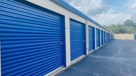 Storage units with blue doors.