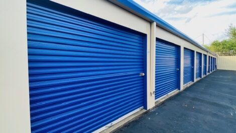 Large blue outdoor storage unit.