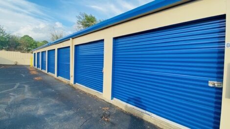 Blue outdoor storage units.