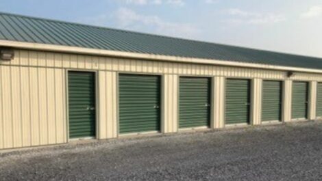 Exterior of outdoor storage units at Evertree Self Storage facility.