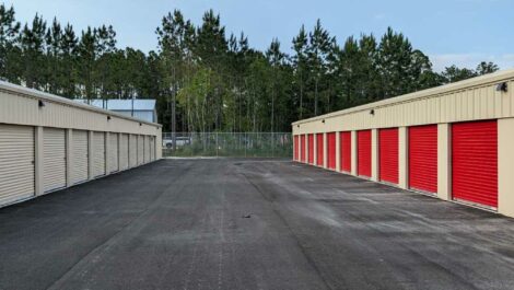 Exterior of outdoor storage units at Safe and Easy Self Storage facility.