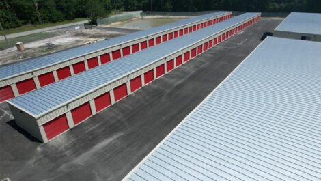 Sky view of outdoor storage units at Safe and Easy Self Storage facility.