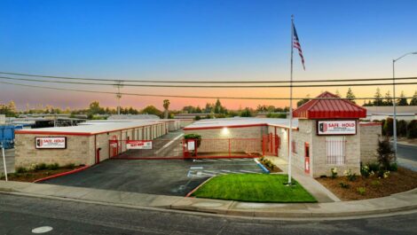 Ariel view of Safe-Hold Storage facility at dusk.