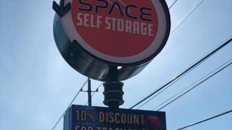 View of sign at Space Self Storage - South Austin storage facility.