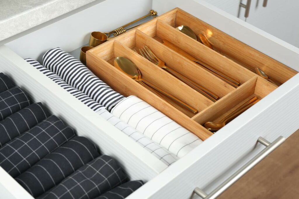 Kitchen utensils organized with a divider in an open drawer.