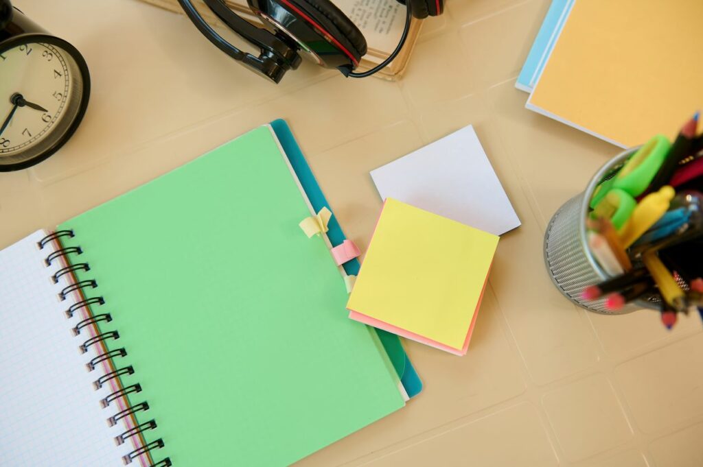 Closeup of desk with school supplies.