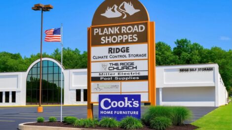 Exterior of Ridge Self Storage facility, side view.