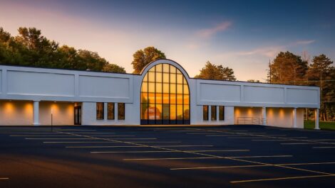 Exterior of Ridge Self Storage facility, sun setting.