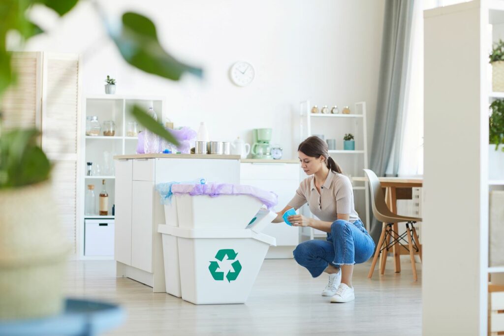 Woman looking into a recycle bin in a living area.