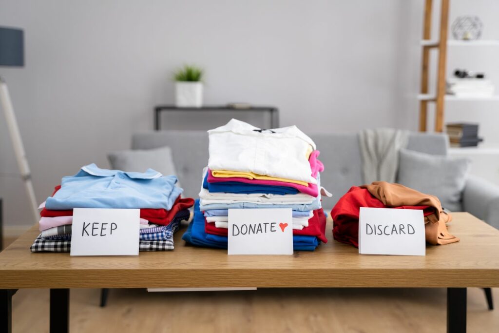 Three piles of shirts labeled “keep,” “donate,” and “discard” on a coffee table.