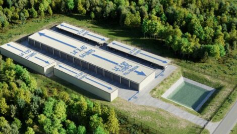 Ariel view of storage facility with facilities measurements edited on roofs on building.