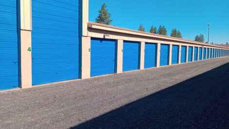 Aisle of drive-up storage units at Discount Mini Storage.