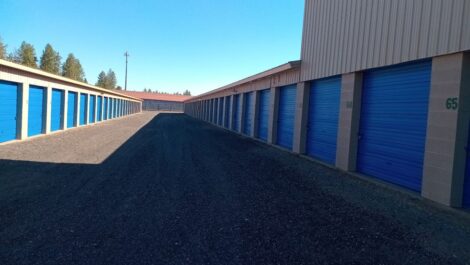 Aisle of drive-up storage units at Discount Mini Storage.