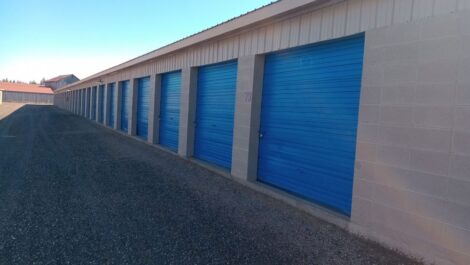 Aisle of drive-up storage units at Discount Mini Storage.