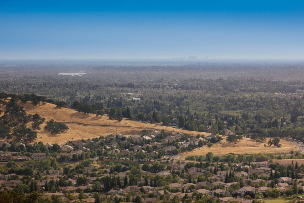 A quiet suburban neighborhood with well-kept homes and tree-lined streets on a sunny day.