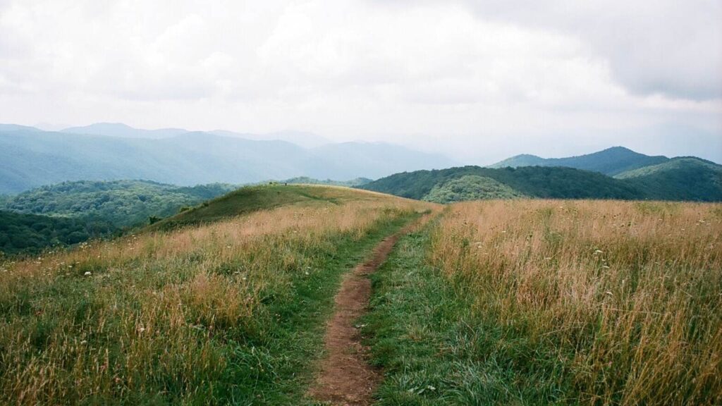 A narrow dirt trail winds through a grassy hilltop with rolling green mountains in the distance under a cloudy sky.