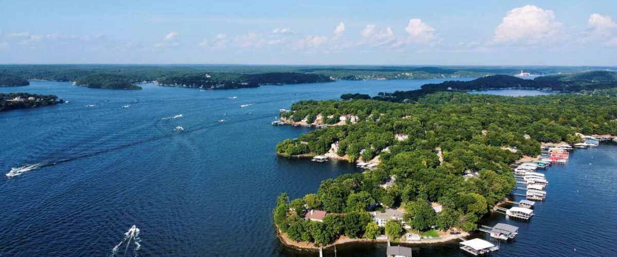 An aerial view of fall foliage over Lake of the Ozarks near Branson, MO.