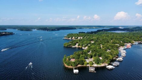 An aerial view of fall foliage over Lake of the Ozarks near Branson, MO.