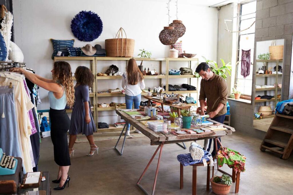 People shopping inside a small boutique filled with clothing, accessories, plants, and handmade items displayed.